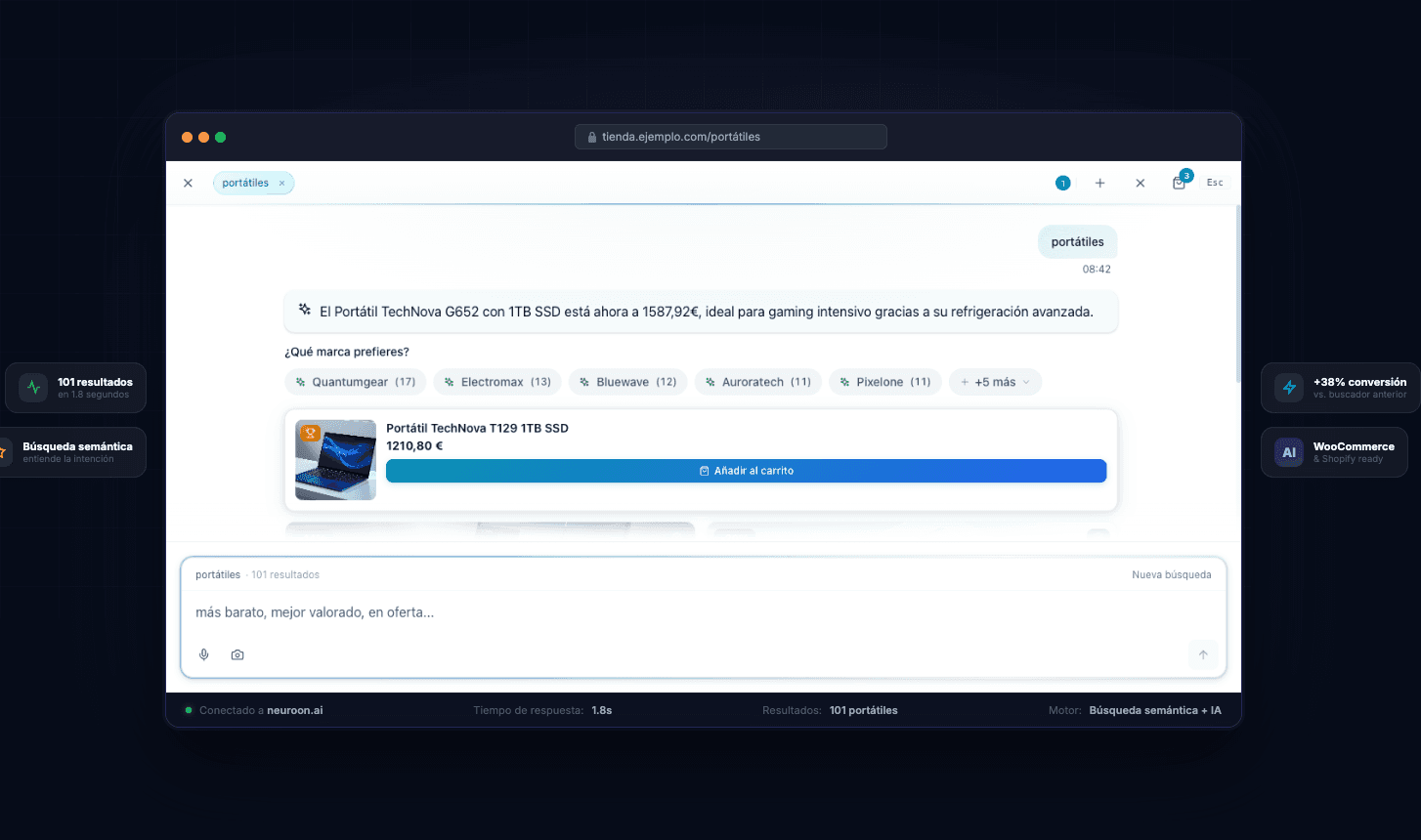 Neuroon AI showing search results with relevant products