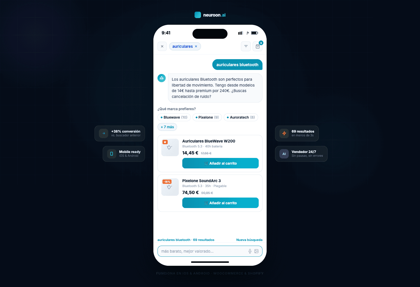 Widget de Neuroon AI en móvil mostrando búsqueda de auriculares
