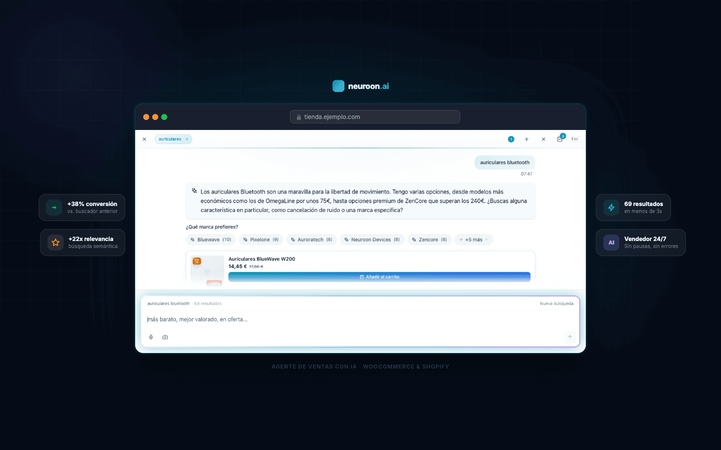 Widget de Neuroon AI mostrando búsqueda de auriculares con resultados relevantes